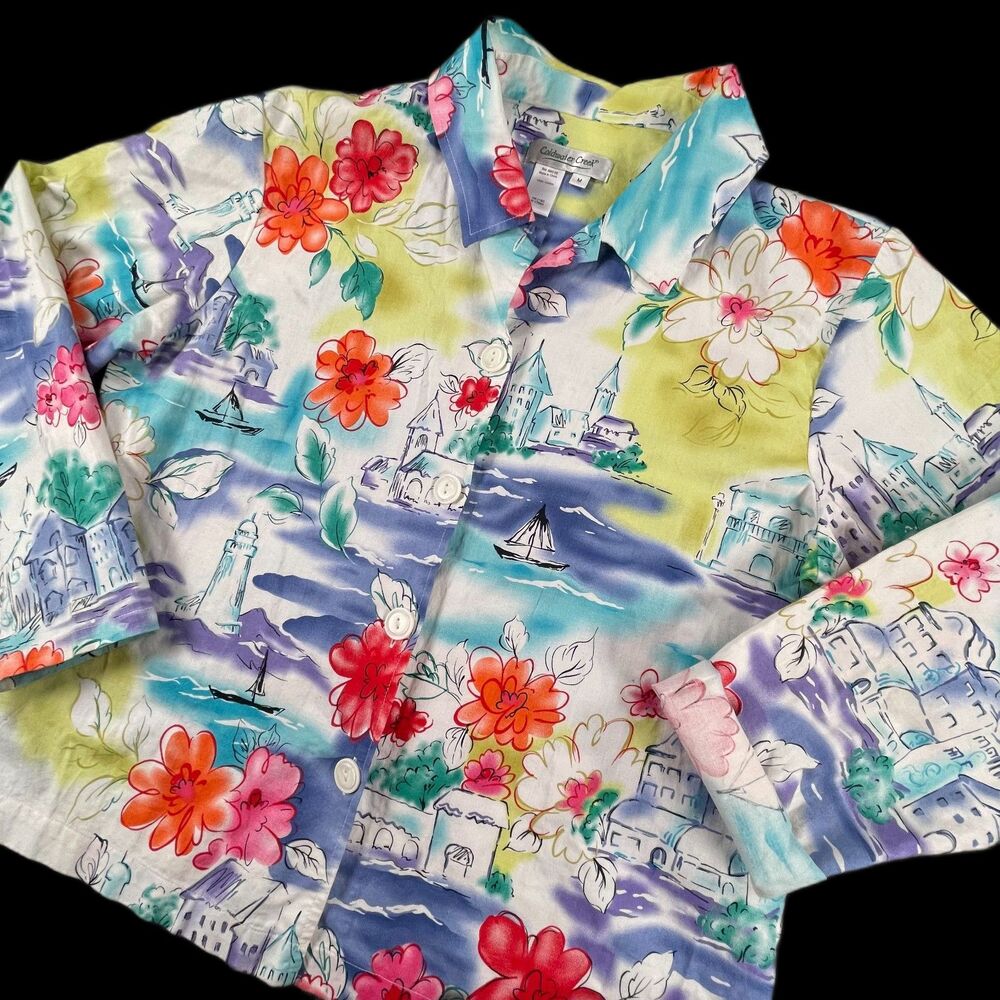 Coldwater Creek Tropical Seaside Scenic Shacket M Watercolor Artsy Coastal Beach
